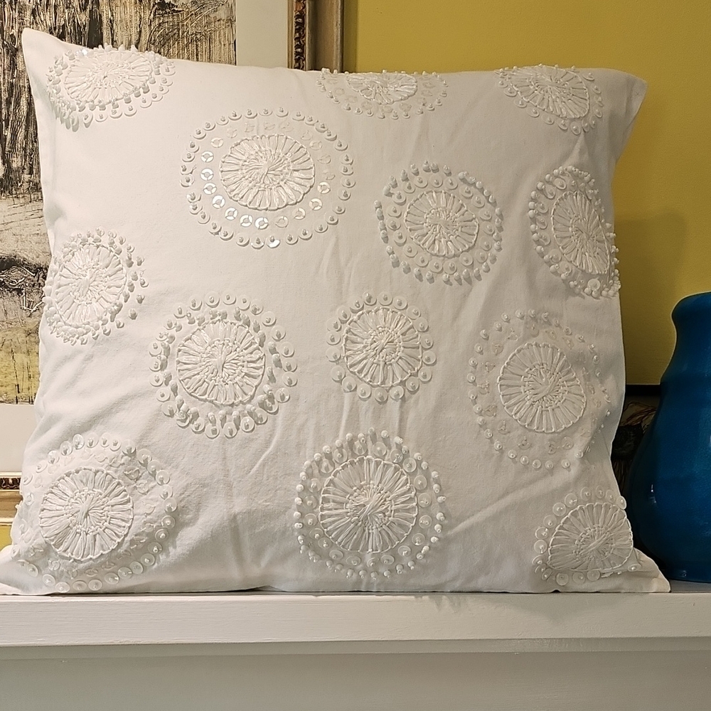 West Elm White w/Sequence & Embroidery 16x16 Pillow Cover Nwt